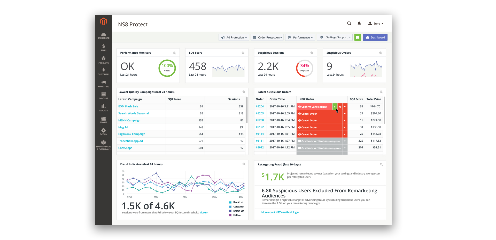 NS8 dashboard fraud prevention Magento 2