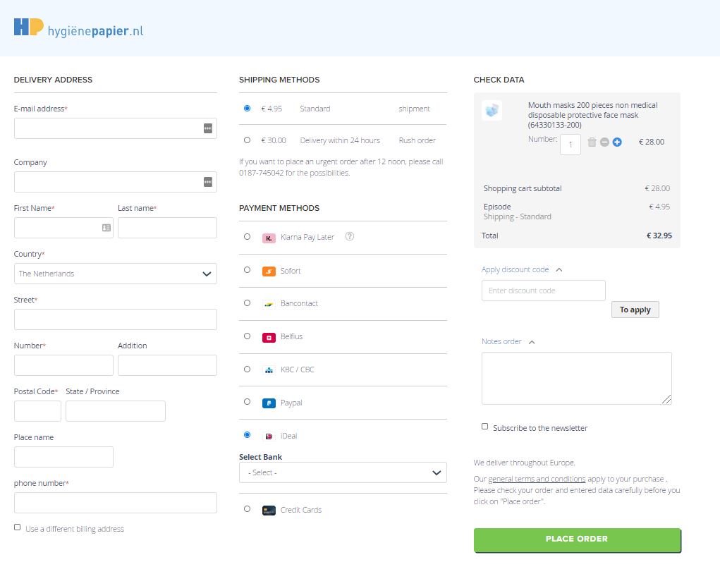 Hygienepaper Magento 2 store Checkout page integrating with Klarna, Ideal, Sofort, PayPal
