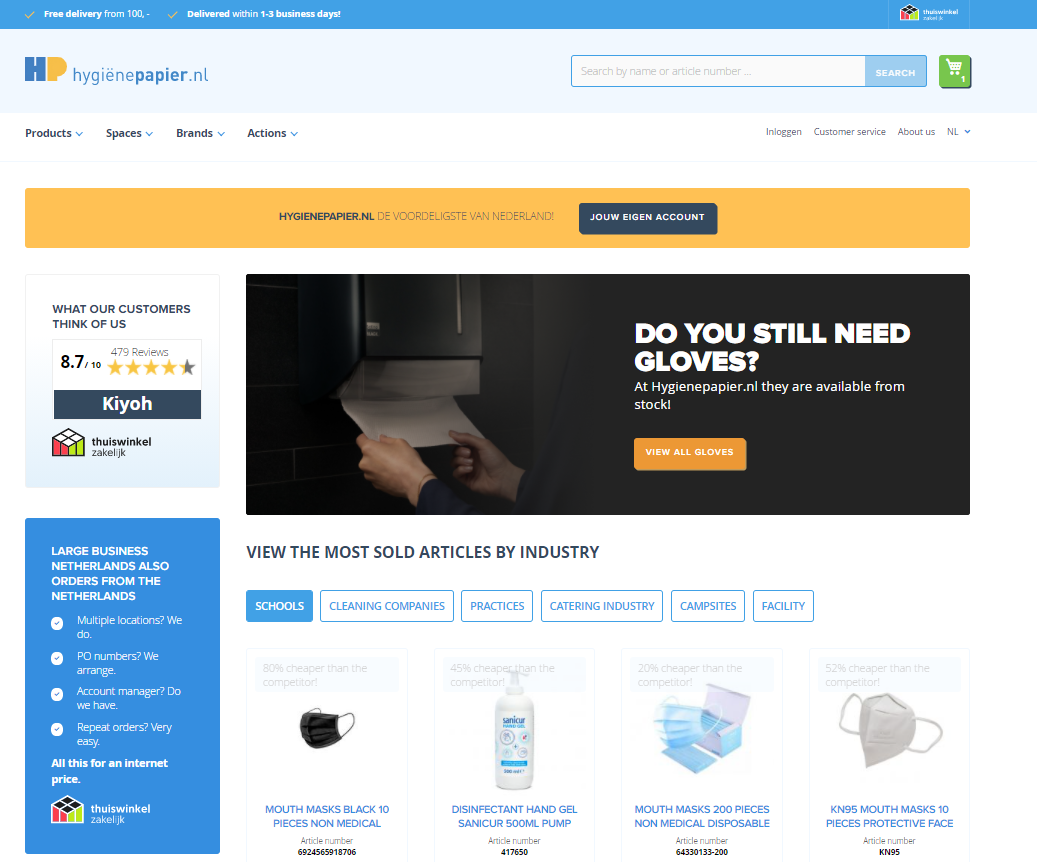 Hygienepaper Magento 2 store homepage Dutch