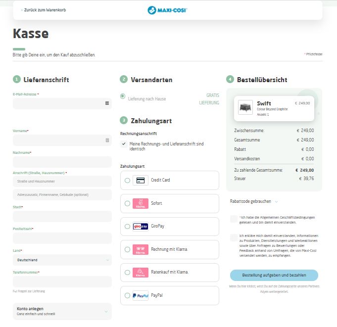 Maxi Cosi Magento 2 store One Page Checkout Germany Klarna