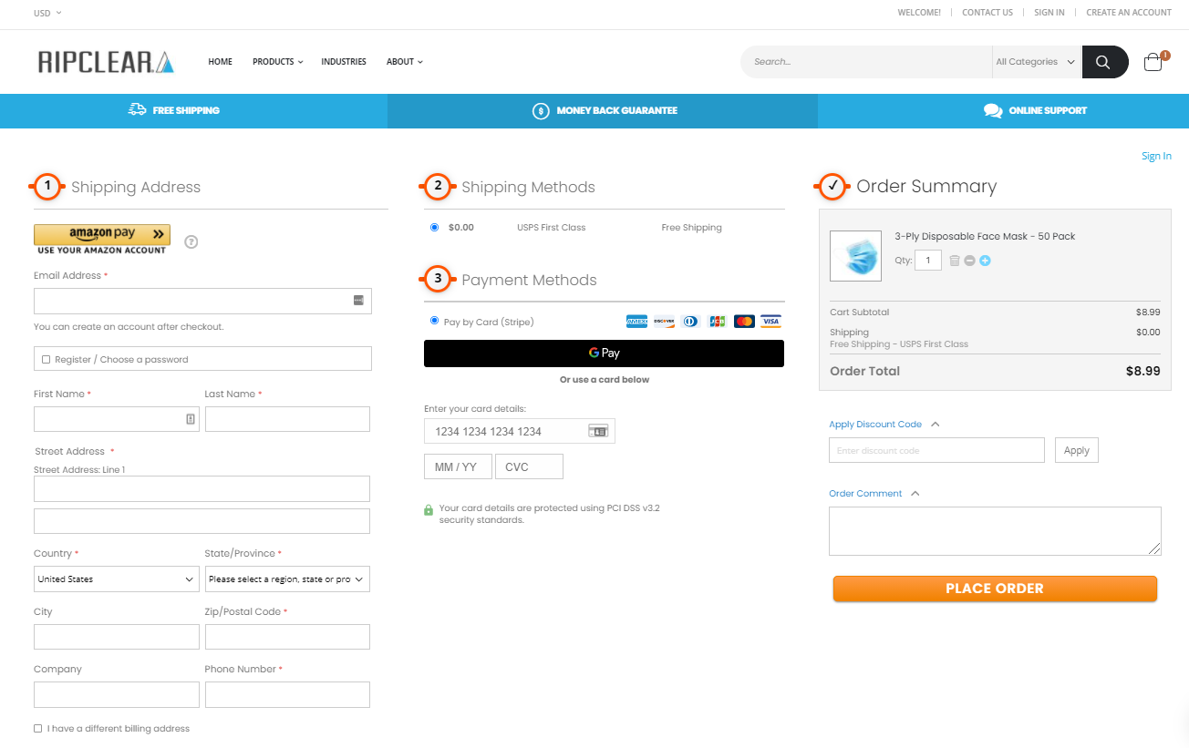Ripclear Magento 2 store checkout with One Step Checkout selling masks and gloves in the United States 